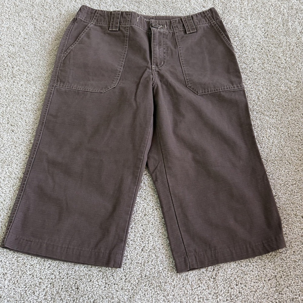 Eddie Bauer Capri Pants Womens 8 Brown Twill Wide Leg Embroidered Pockets Cotton